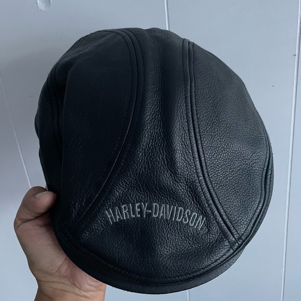Black Leather Newsboy Harley Davidson Cap